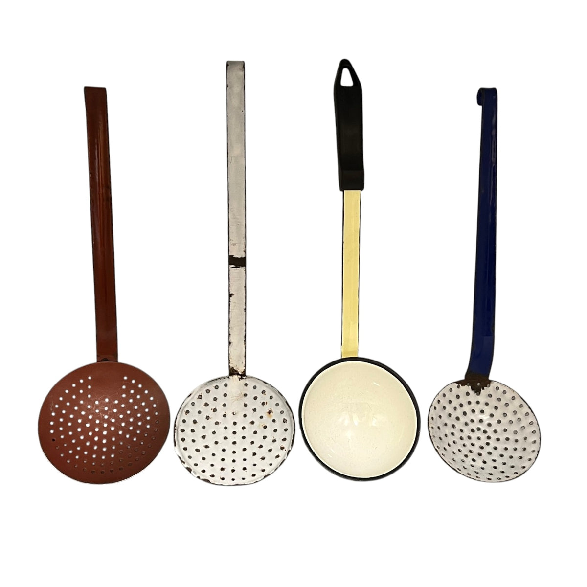 Vintage French Enamel Kitchen Utensils – Set of 4 Ladles & Strainers