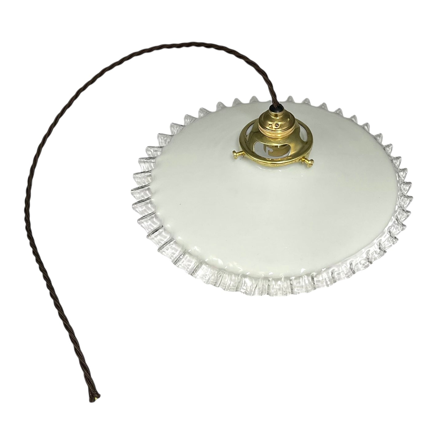 Vintage-style pendant light with white glass shade and brass fitting on a white background
