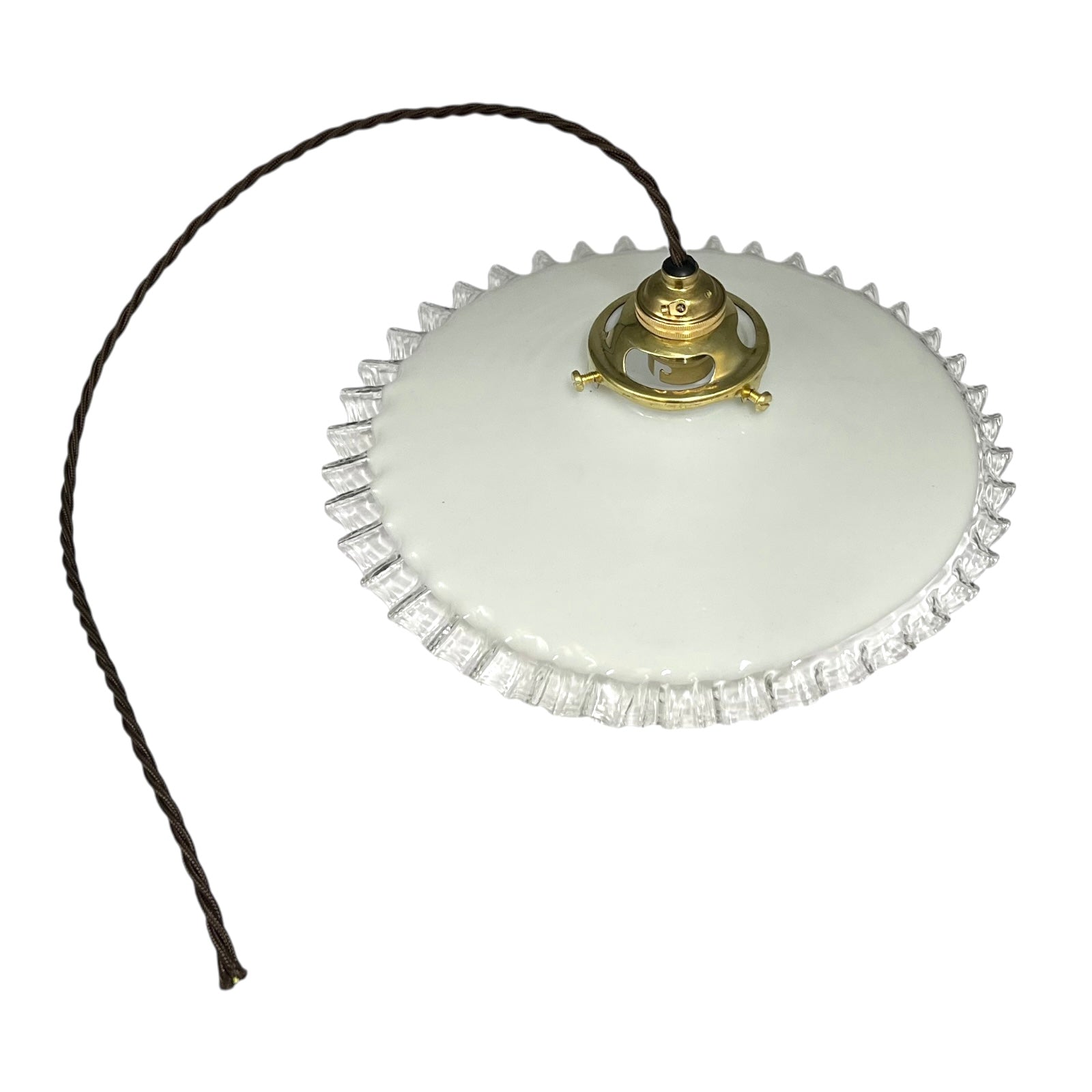 Vintage-style pendant light with white glass shade and brass fitting on a white background