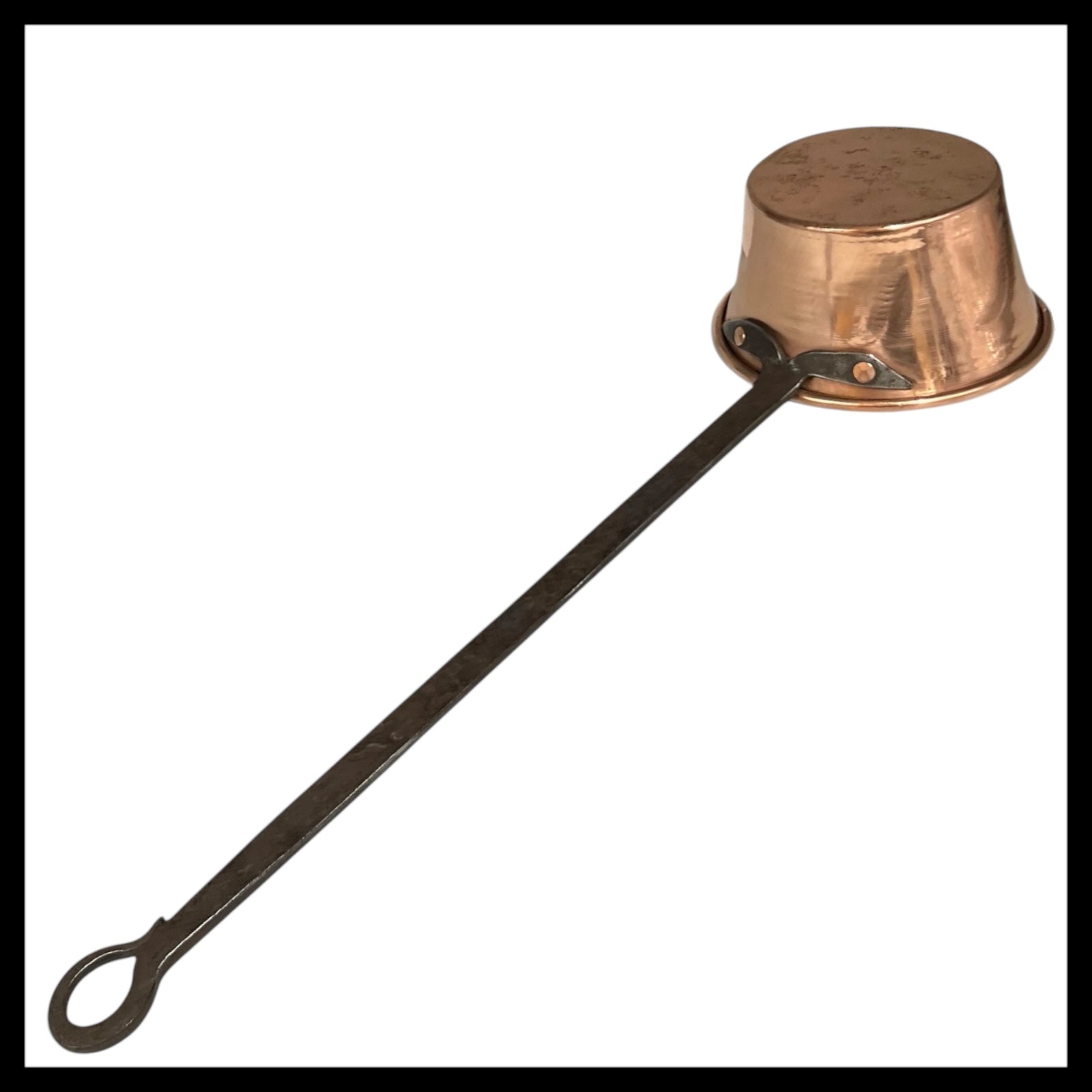 Long Handled Vintage Copper Ladle, Tin Lined Scoop Style Pan with Makers Stamp and black iron handle