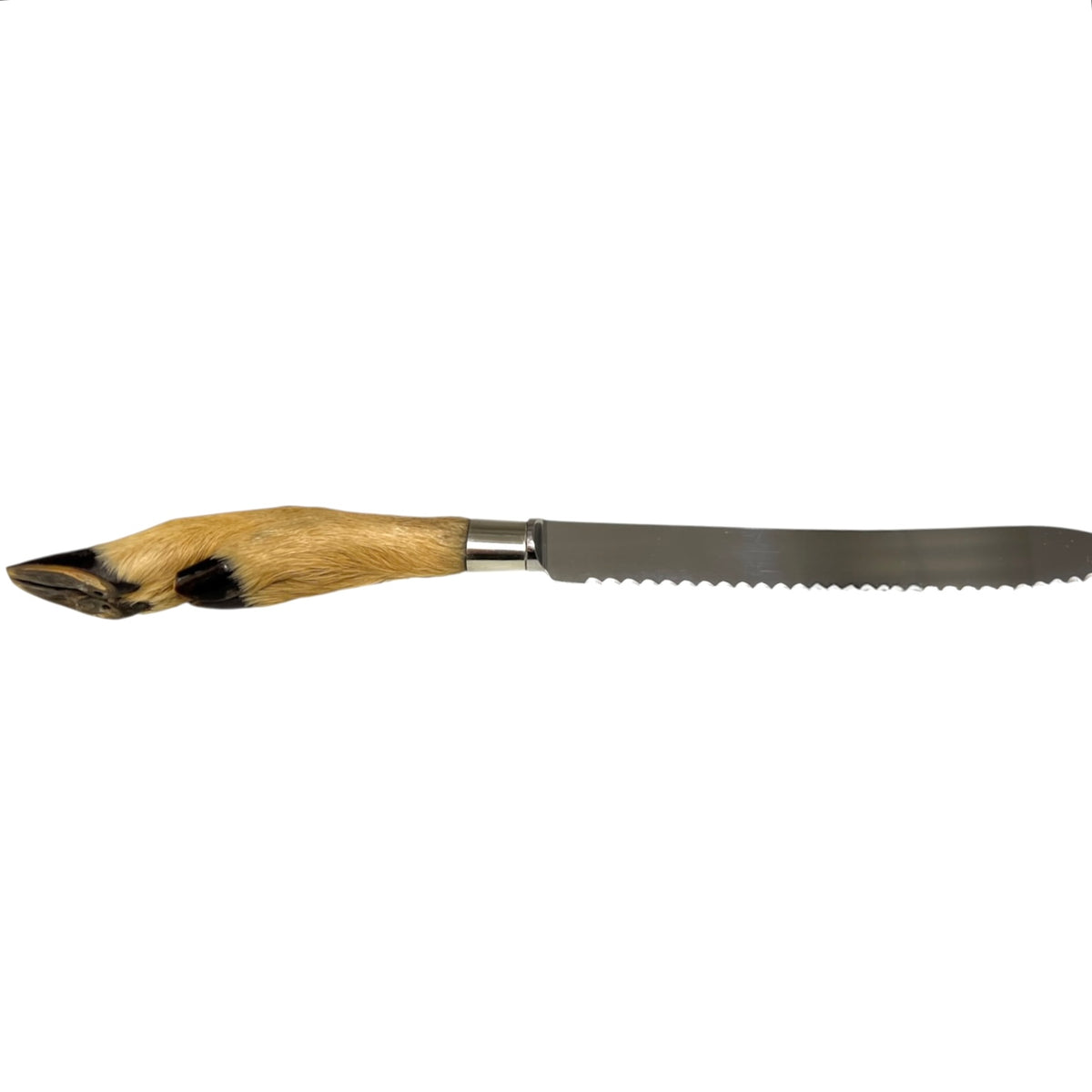 A long serrated steak knife with a natural tan and black animal hide handle, shown horizontally against a plain white background.