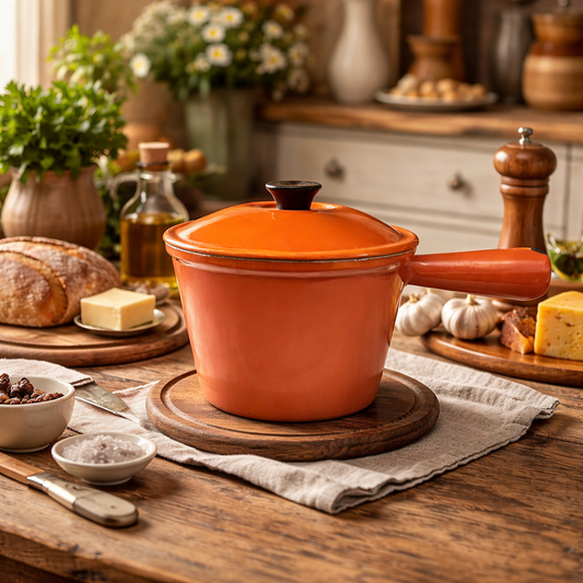 Rust coloured enamelled cast iron saucepan with lid on afarmhouse table
