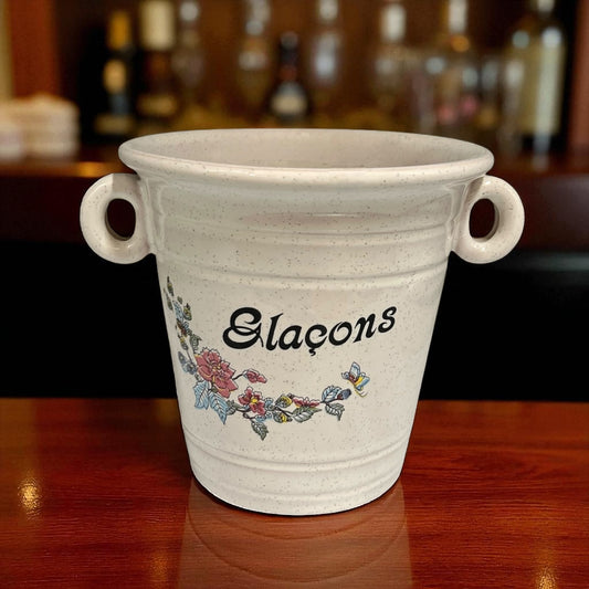 Ceramic ice cube bucket with floral design and 'Glaçons' text 