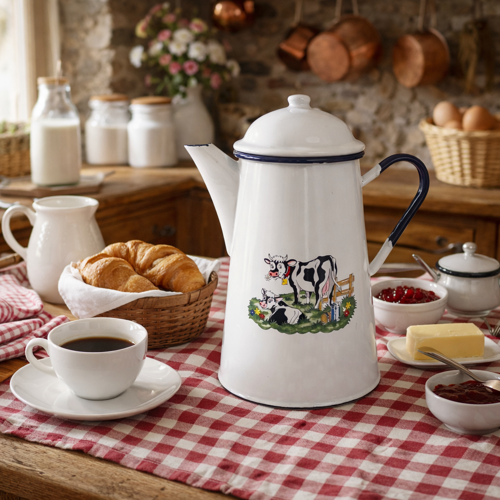 White enamel coffee pot with cow design on a kitchen table with coffee and bread.