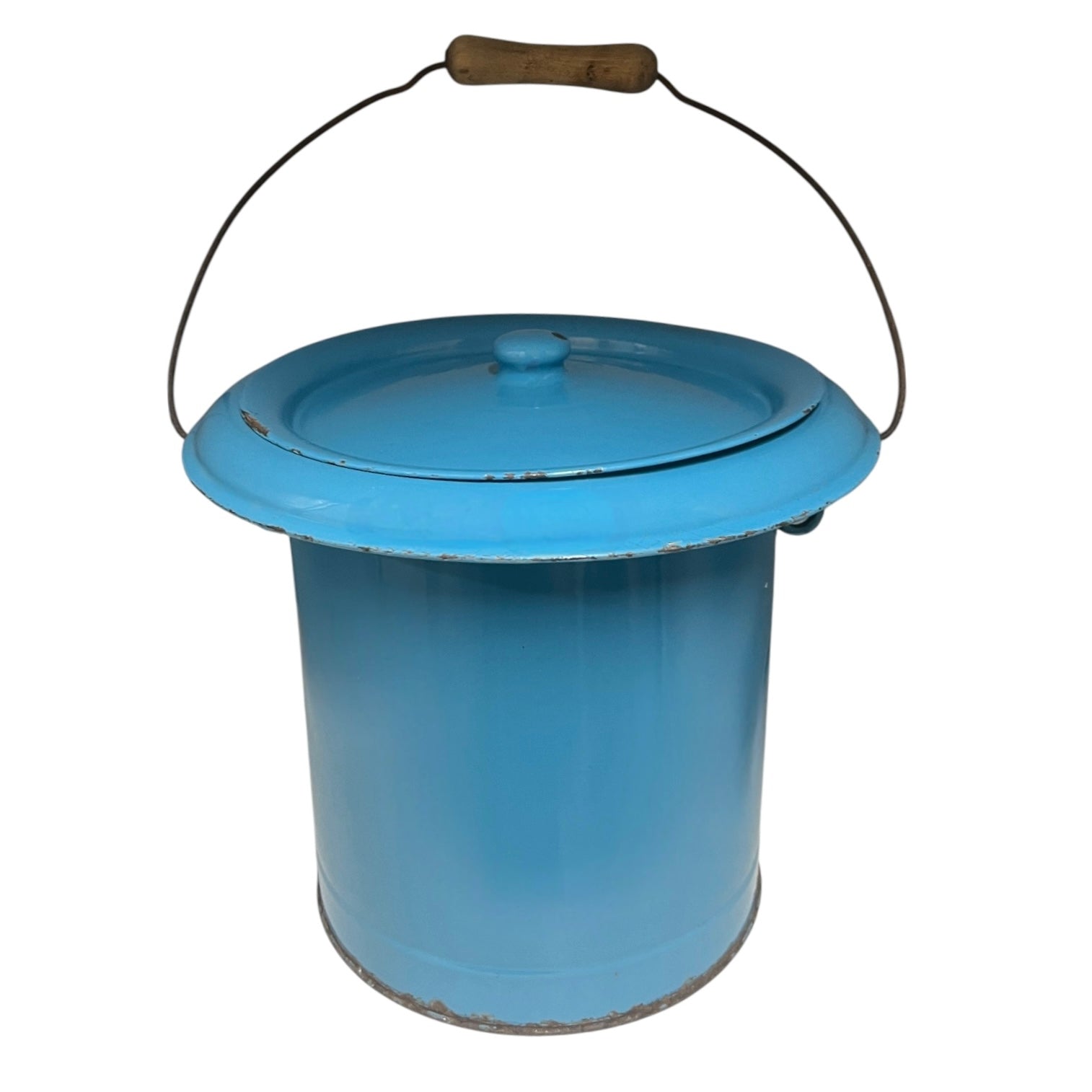 Blue metal bucket with a wooden handle on a white background