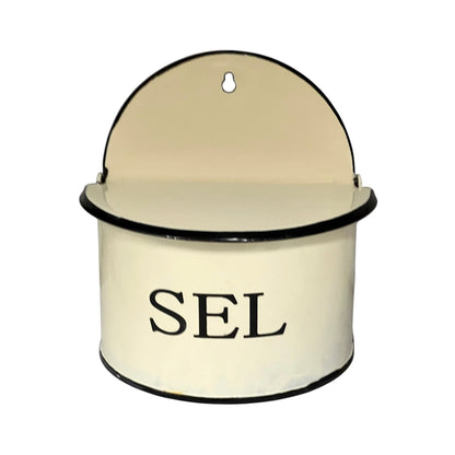 French Vintage Style Enamel Salt Box – Cream SEL Wall Hanging Pot | Farmhouse Kitchen Décor