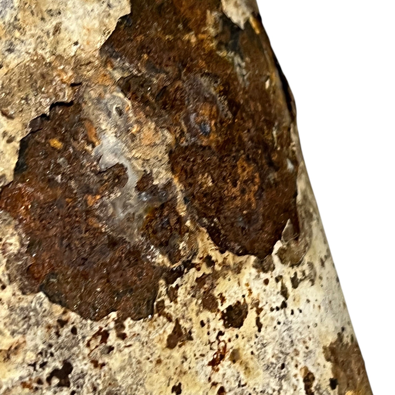 close up of a rusty water bottle on a white background 