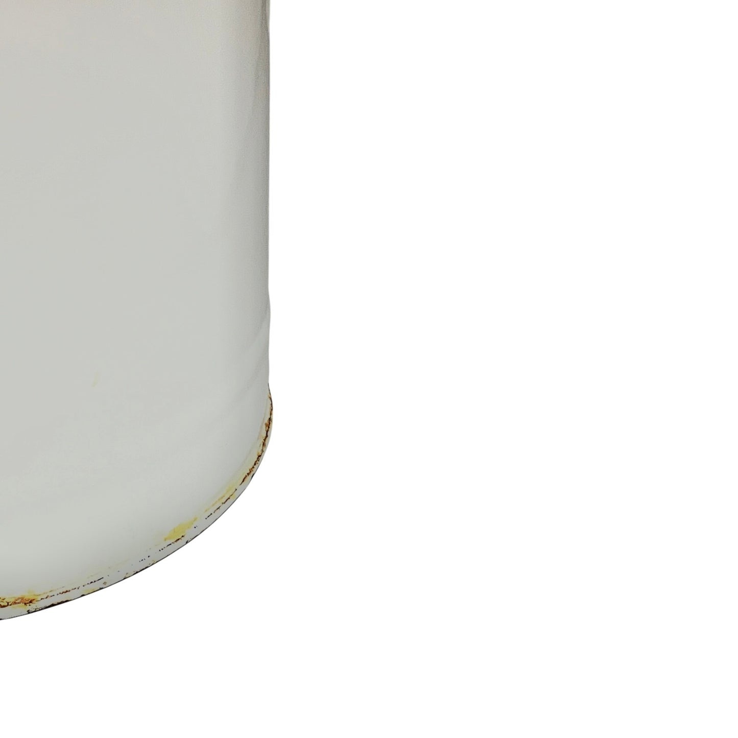 Close up of a vintage enamel lidded white bucket on a white background