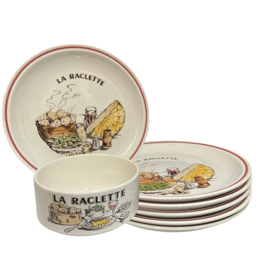 Set of 'La Raclette' ceramic plates and bowl with illustrations on a white background