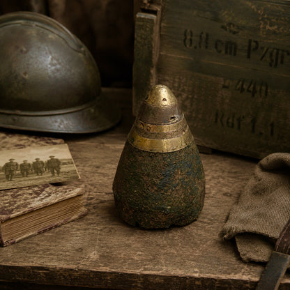WW1 British 60 pounder nose cone militaria relic, black iron cone with a brass fuse on the top on a table beside a war book, a crate and a soldiers helmet, great for militaria collectors