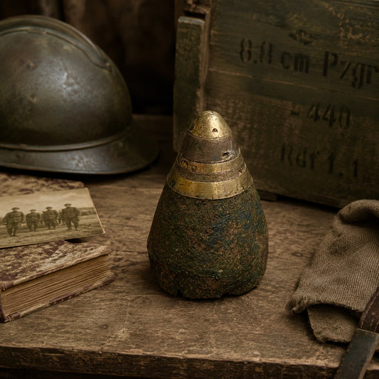 WW1 British 60 pounder nose cone militaria relic, black iron cone with a brass fuse on the top on a table beside a war book, a crate and a soldiers helmet, great for militaria collectors