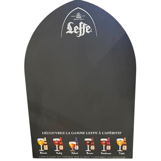 Black Leffe beer mat with brand logo and glass illustrations on a white background