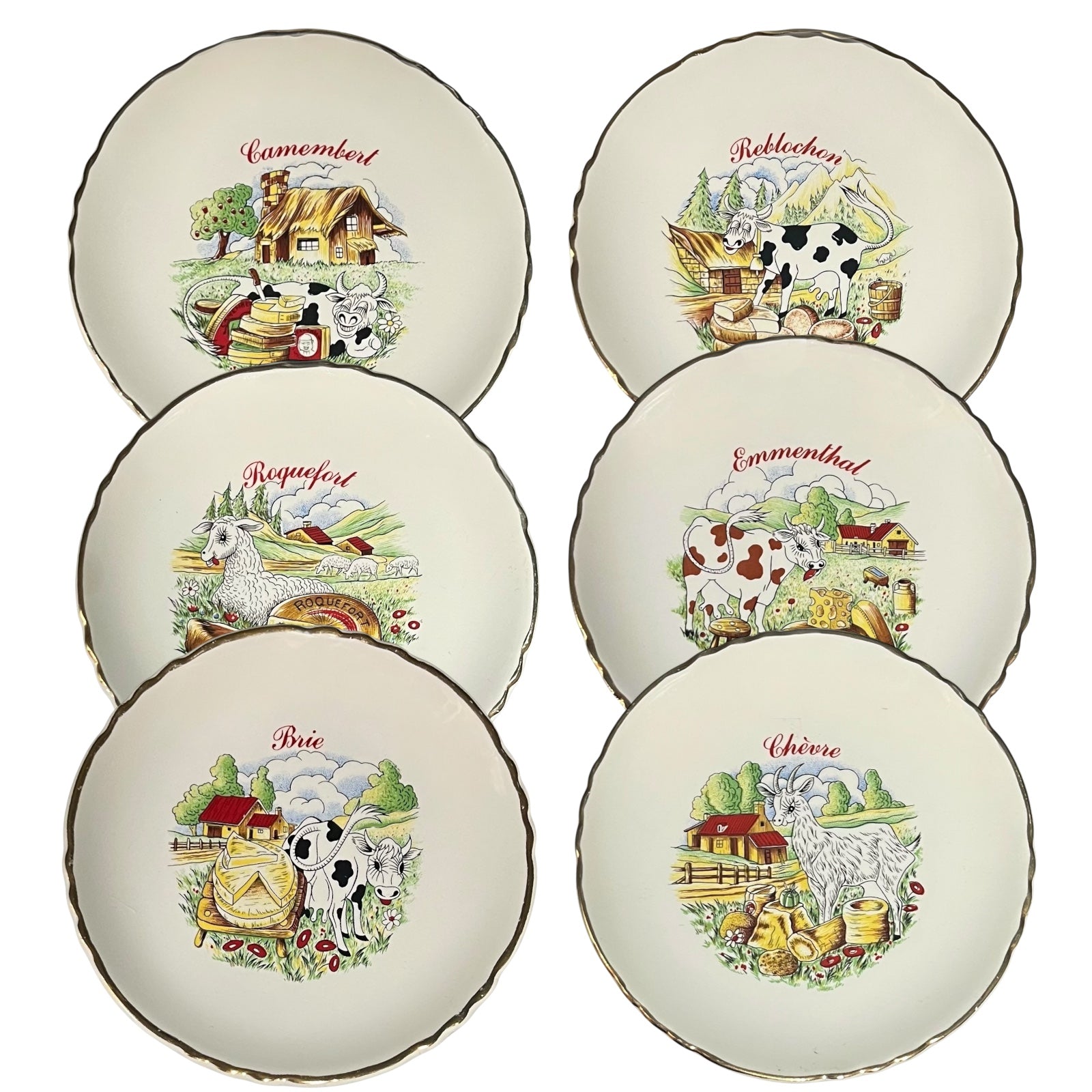 Set of 6 porcelain cheese plates with farm-themed designs on a white background
