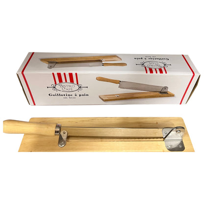 Wooden bread cutter with packaging on a white background