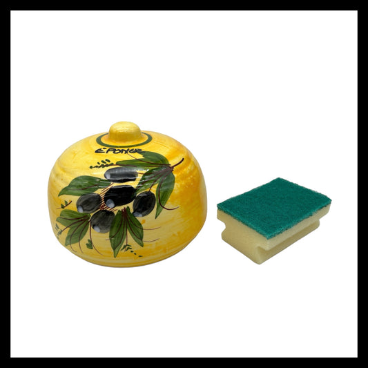 image French ceramic kitchen sponge holder with an olive decoration for sale by All Things French Store