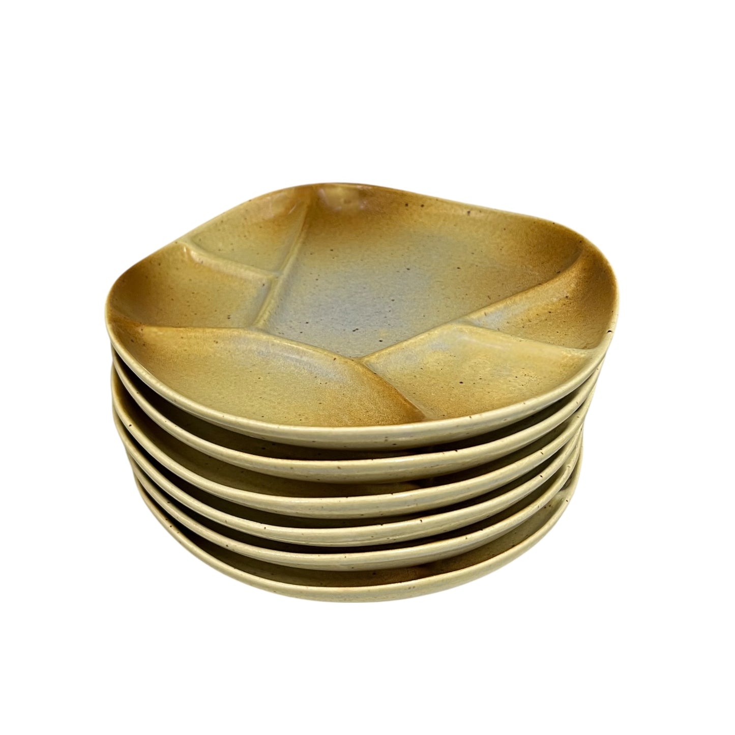 Set of 6 brown mid century ceramic divided plates with a textured finish on a white background