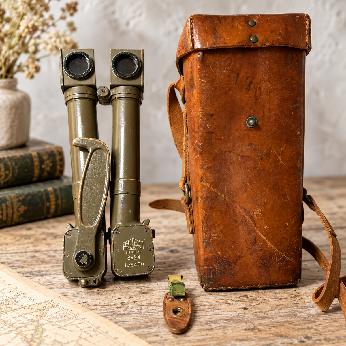 WW2 trench binoculars with original leather case