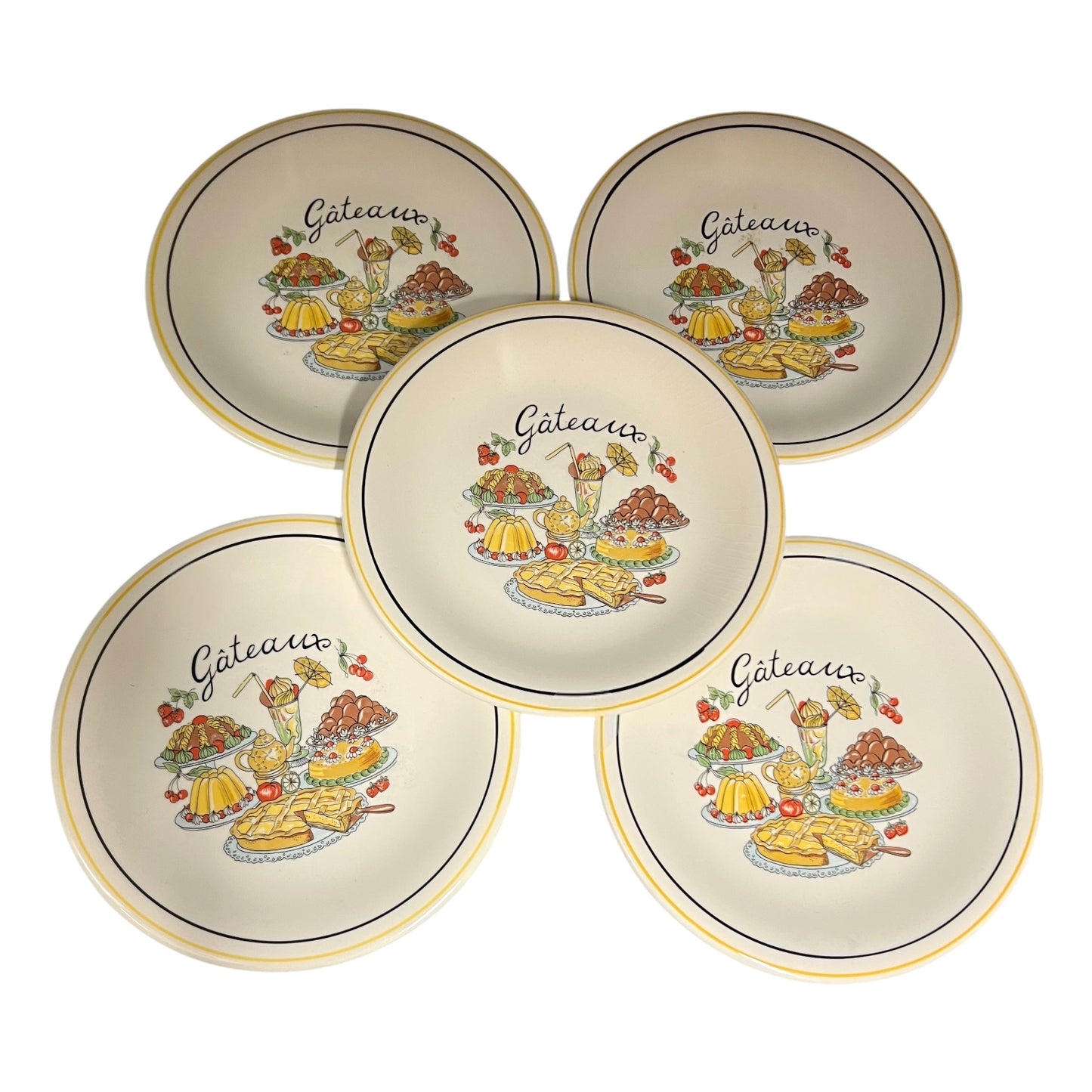 Set of 5 French gateaux cake plates with a cake pattern on the front 