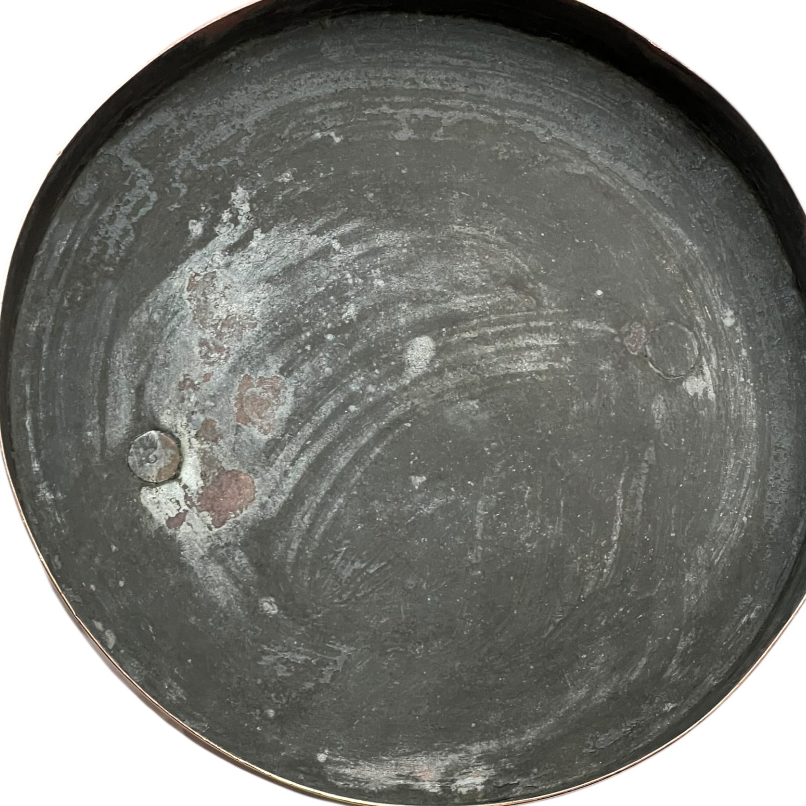 Inside of a copper cooking pot stockpot with handles on a white background