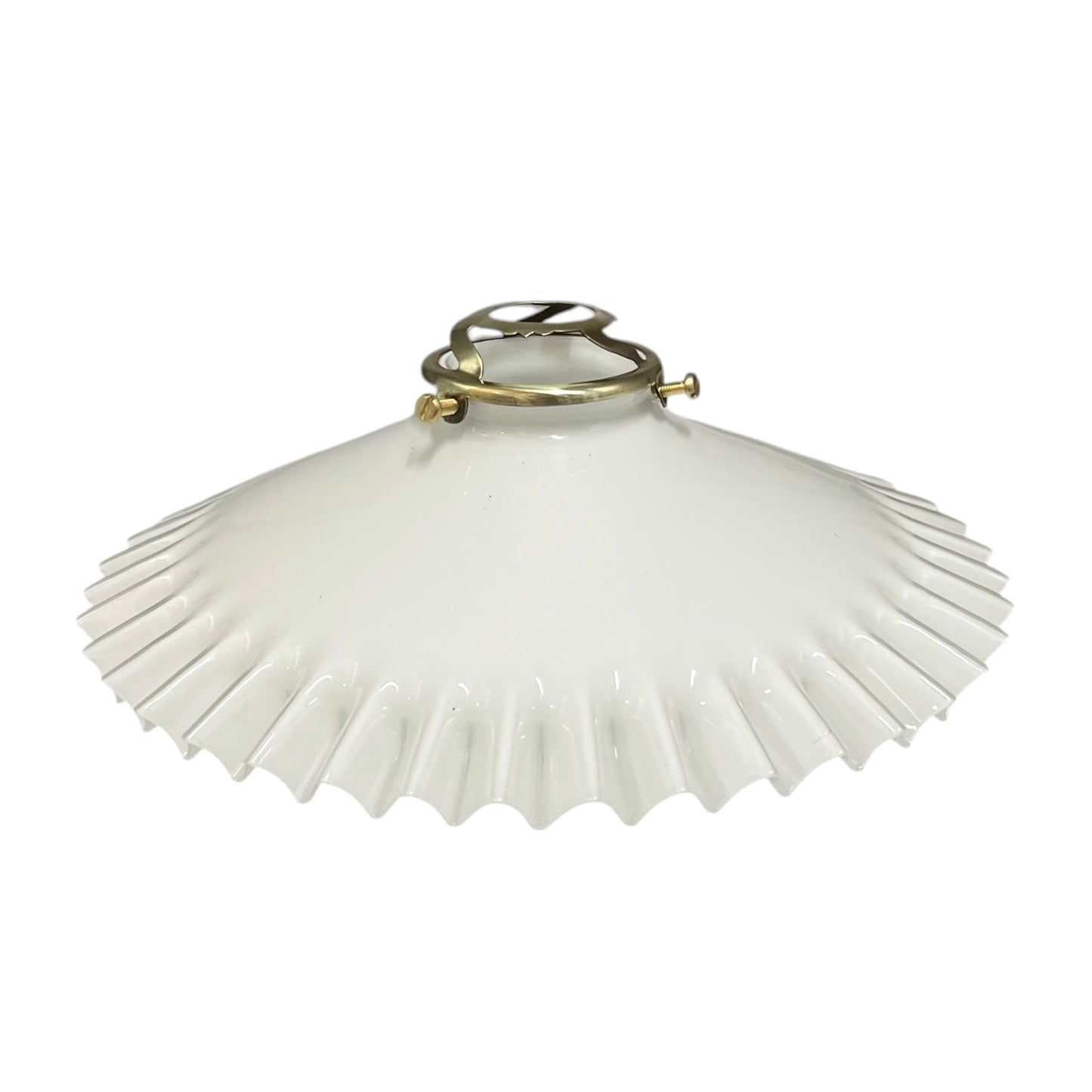 White pleated lampshade with brass fitting on a white background