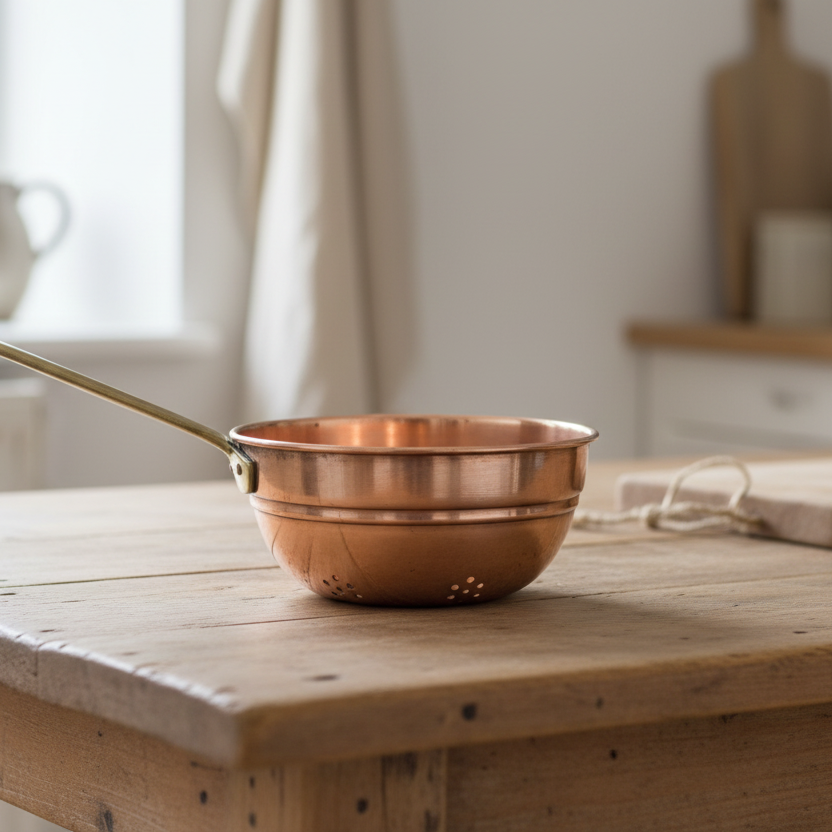 Small copper French sieve with a brass handle on a wooden table in a farmhouse kitchen