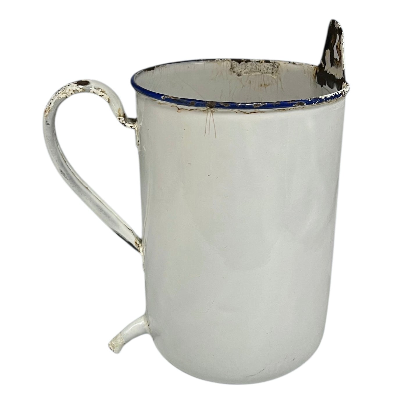 French vintage enamel irrigator in white with a blue trim in a well worn condition for sale 