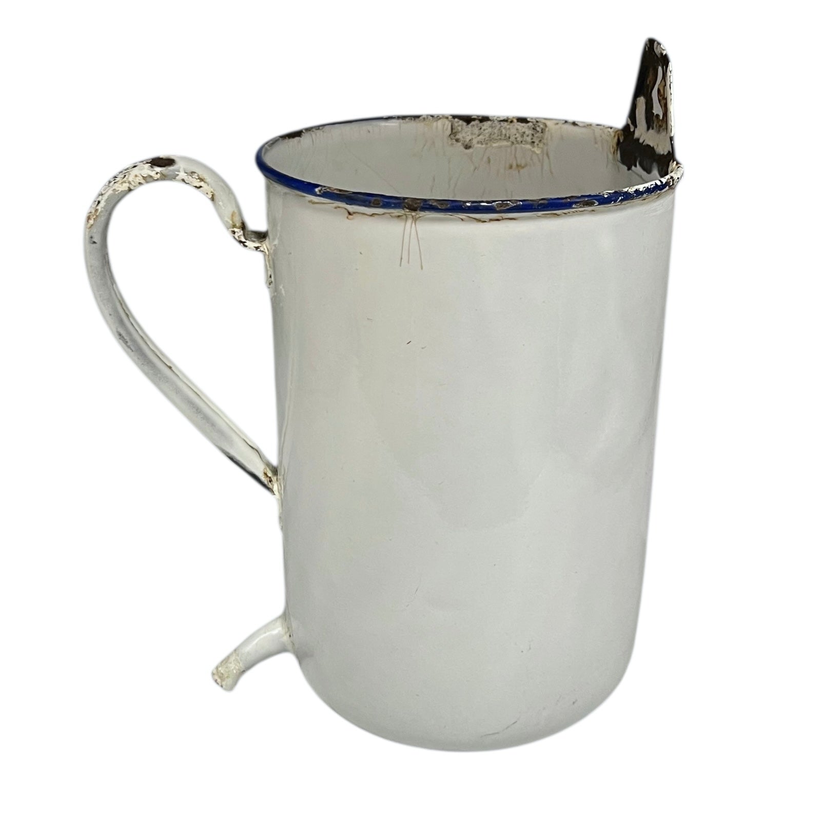 French vintage enamel irrigator in white with a blue trim in a well worn condition for sale 