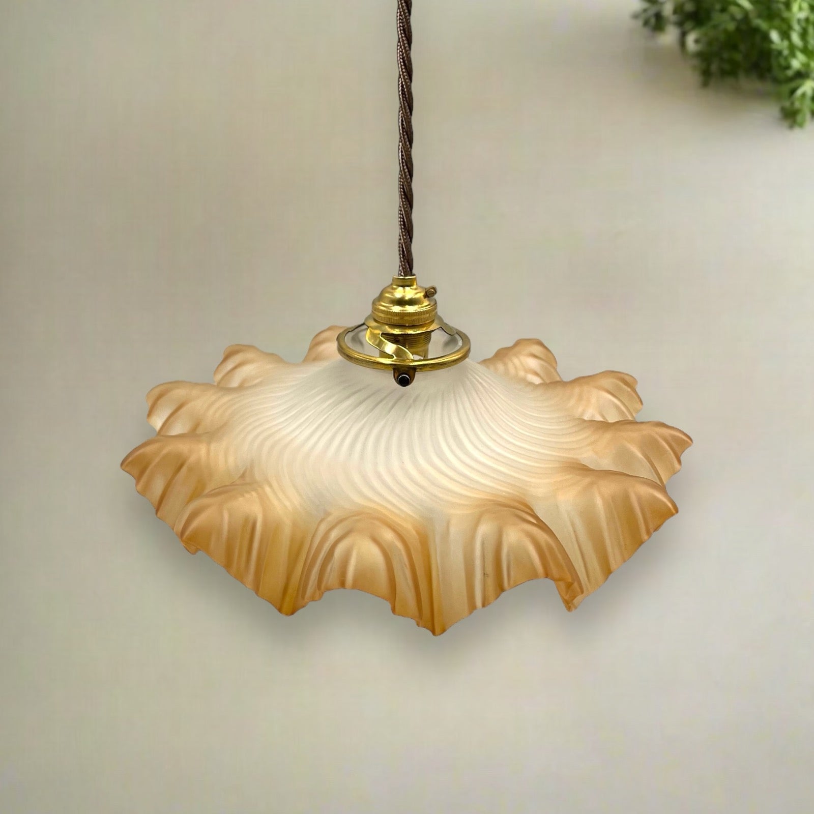 Vintage French Frosted Glass Ceiling Pendant Light, Hanging Lampshade on a grey background 