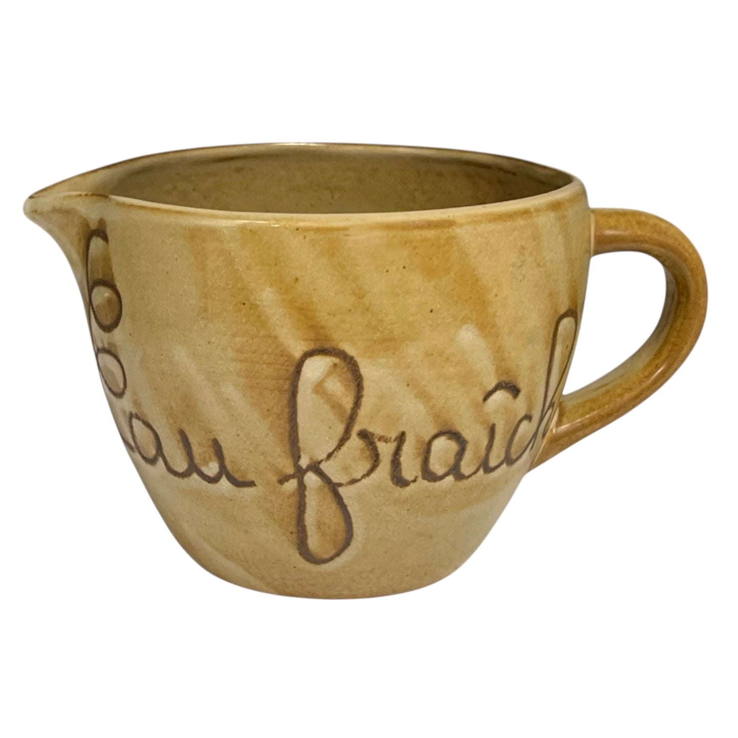 Ceramic pitcher with 'eau fraiche' text on a white background