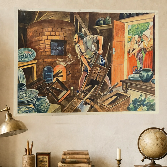 A vintage-style room featuring a desk, lamp, and books, with a large French vintage history poster adorning the wall—perfect for a French-inspired home or a classic vintage office or study.