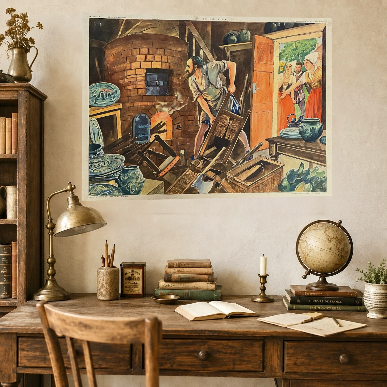 A vintage-style room featuring a desk, lamp, and books, with a large French vintage history poster adorning the wall—perfect for a French-inspired home or a classic vintage office or study.