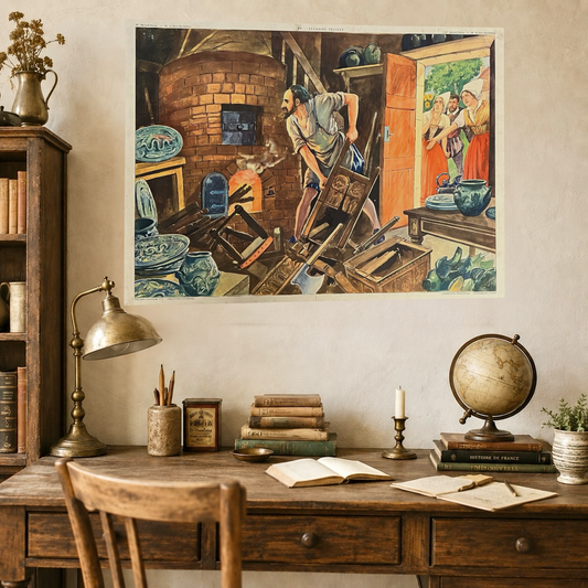 A vintage-style room featuring a desk, lamp, and books, with a large French vintage history poster adorning the wall—perfect for a French-inspired home or a classic vintage office or study.