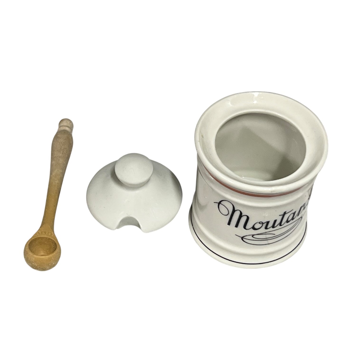 White ceramic mustard container with wooden spoon and lid on a white background