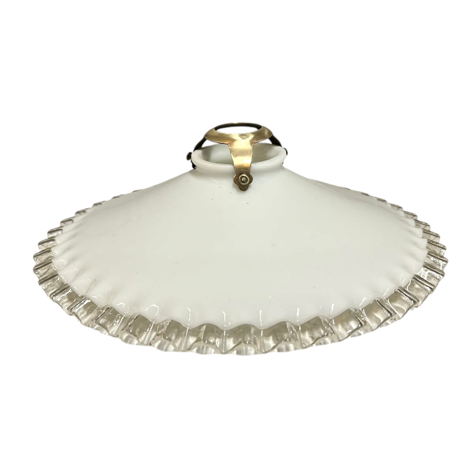 French vintage milk glass opaline lampshade with a clear trimmed frilly edge and a brass bulb holder ideal for a French country style set on a white background