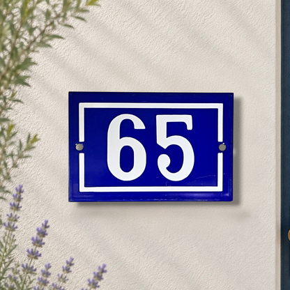 French vintage blue and white enamel door house number 65
