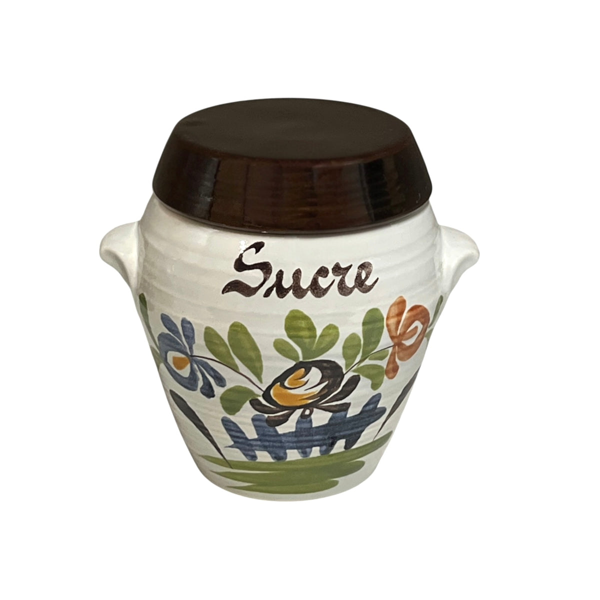 A small white ceramic jar with a dark brown lid, decorated with a hand-painted floral pattern and the word 'Sucre' in brown script on the front, set against a plain white background.