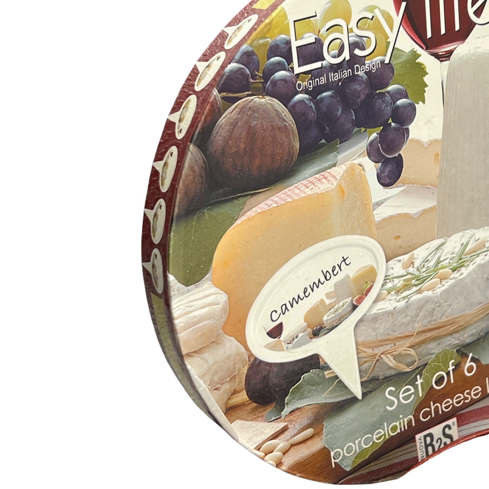 Close up of a porcelain cheese label in a red box on a white background