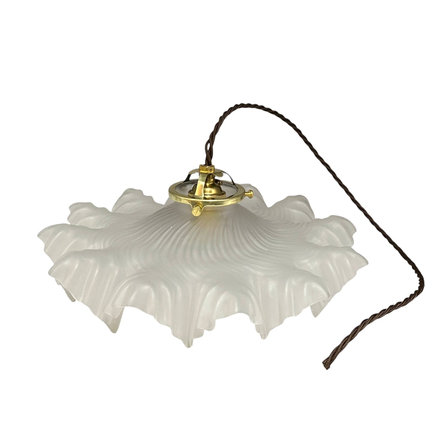 A French vintage Art Deco-style lampshade made of clear frosted glass with a frilled edge, with twisted-style wiring and brass fittings, perfect for adding charm to a period room or retro home, displayed against a white background.
