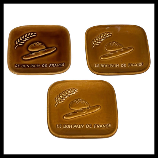 3 Small brown ceramic Change Trays from a French Bakery with Le Bon de France and a picture of French bread for sale from All Things French Store