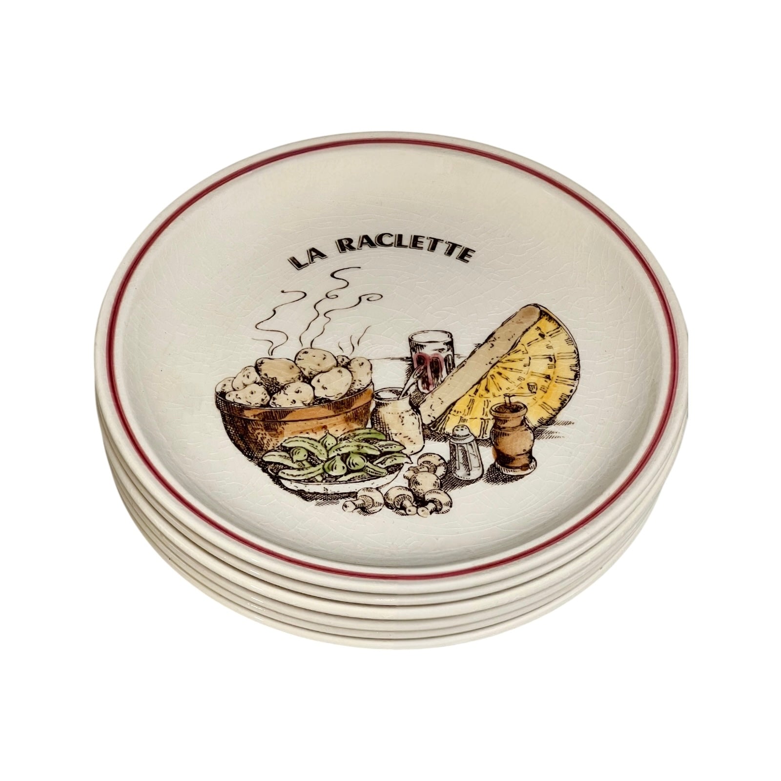 Set of 'La Raclette' ceramic plates and bowl with illustrations on a white background