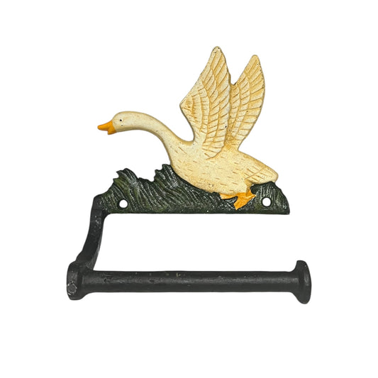 Decorative toilet paper holder with a goose design on a white background