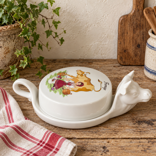 Vintage French L'Hirondelle porcelain cheese dish with cow-shaped white base and illustrated Fromage lid, traditional French farmhouse cheese server shown on a wooden top beside a ed and white tea towel