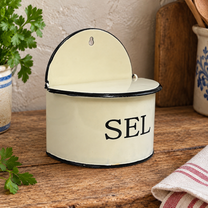 French Vintage Style Enamel Salt Box – Cream SEL Wall Hanging Pot | Farmhouse Kitchen Décor