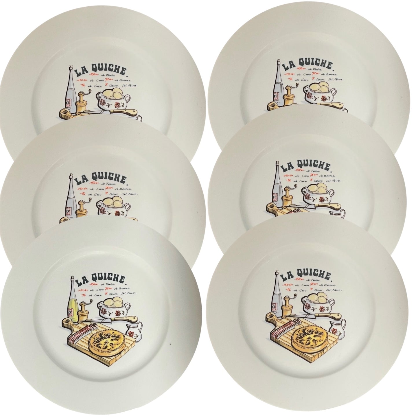 Set of six ceramic plates with 'La Quiche' design on a white background