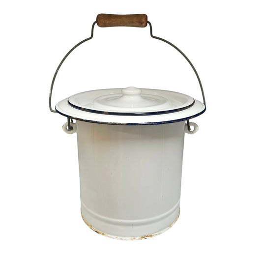 White vintage French enamel bucket with a wooden handle, ideal for a farmhouse kitchen or as a garden planter on a white background