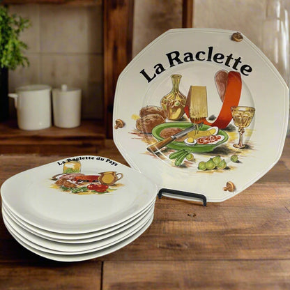 6 French La Raclette Plates & larger serving Platter decorated with a cheese recipe