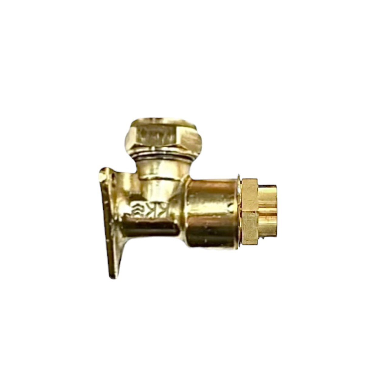 A small brass plumbing valve with a hexagonal handle and a side flange, shown on a plain white background.