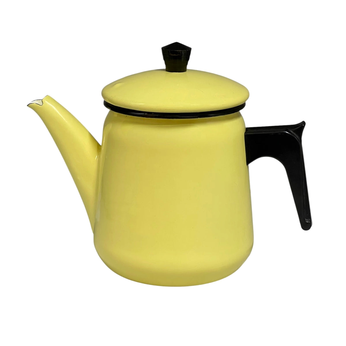 A vintage-style yellow enamel coffee pot or teapot with a black handle, black rim, and black lid knob, shown against a plain white background.