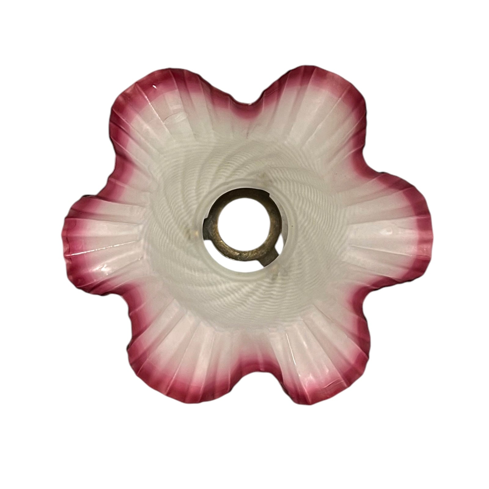 Floral-patterned glass light cover with pink rim on a white background