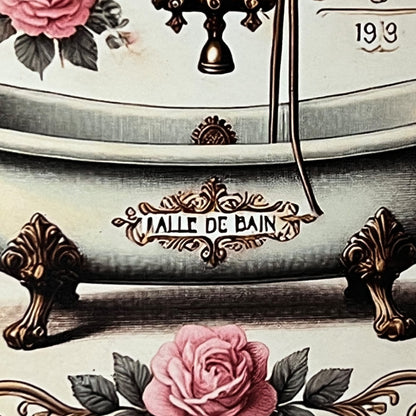 Vintage-style bathroom scene with 'Malle de Bain' text and floral decorations.